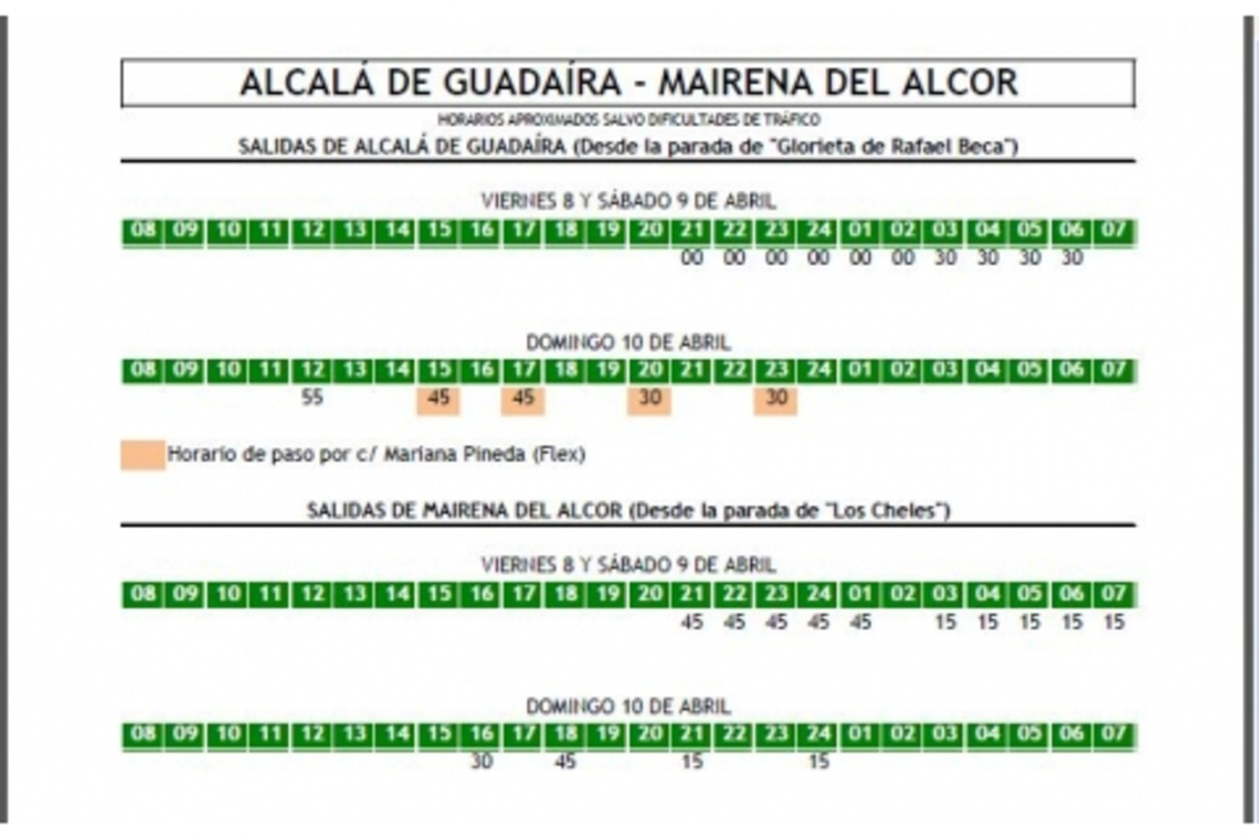 NOTA DE SERVICIO: SERVICIOS ESPECIALES DE AUTOBUSES CON MOTIVO DE LA FERIA DE MAIRENA DEL ALCOR