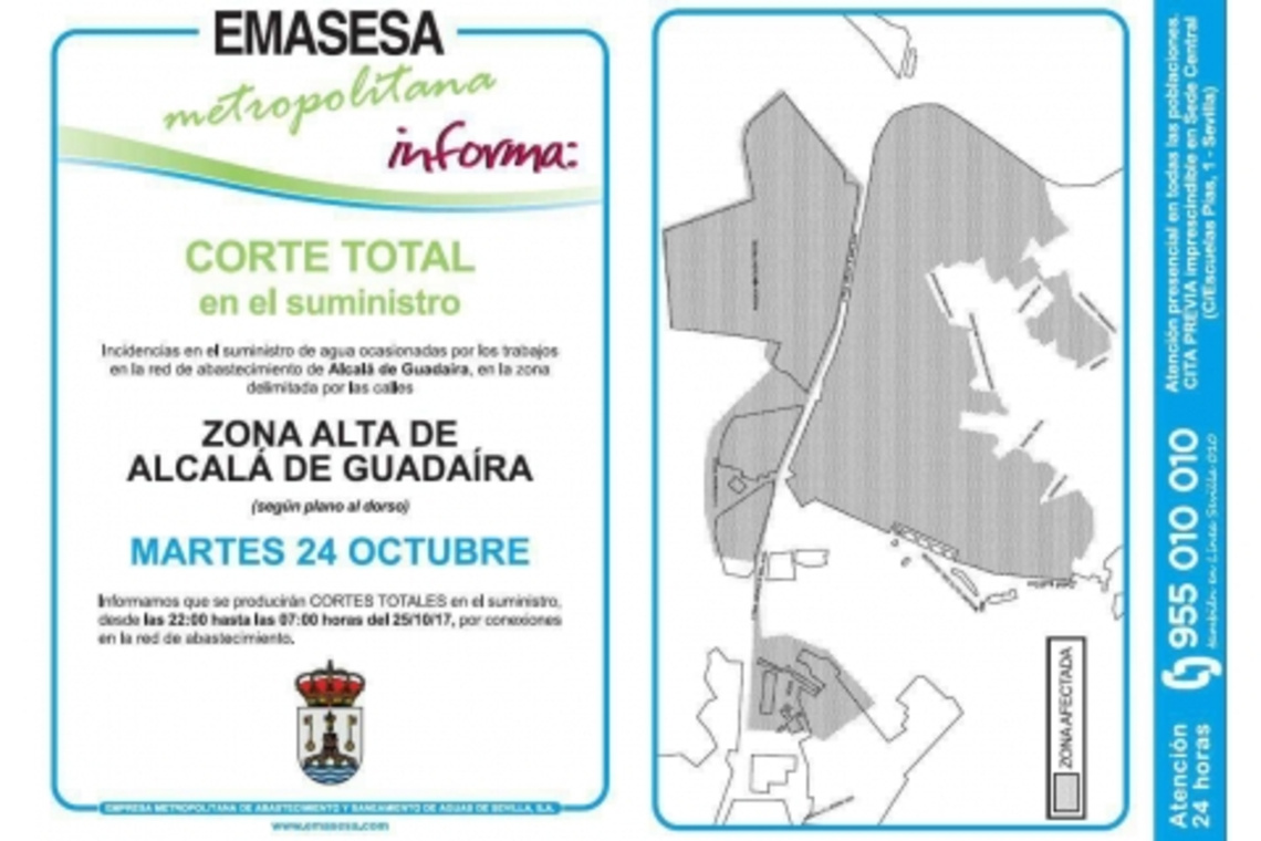 EMASESA ANUNCIA EL CORTE DE SUMINISTRO MAÑANA EN LA ZONA NORTE DE ALCALÁ
