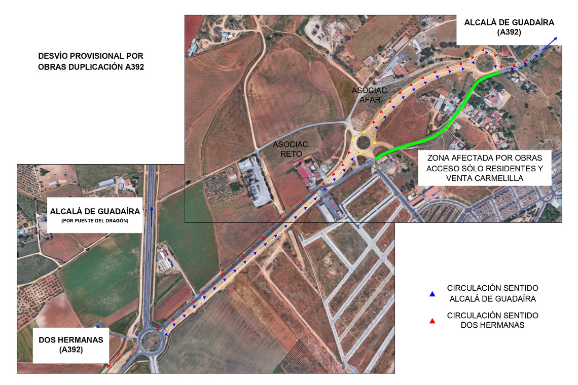 Información de servicio: Desvío provisional por obras durante un mes en la A-392 a partir del jueves 23 de mayo