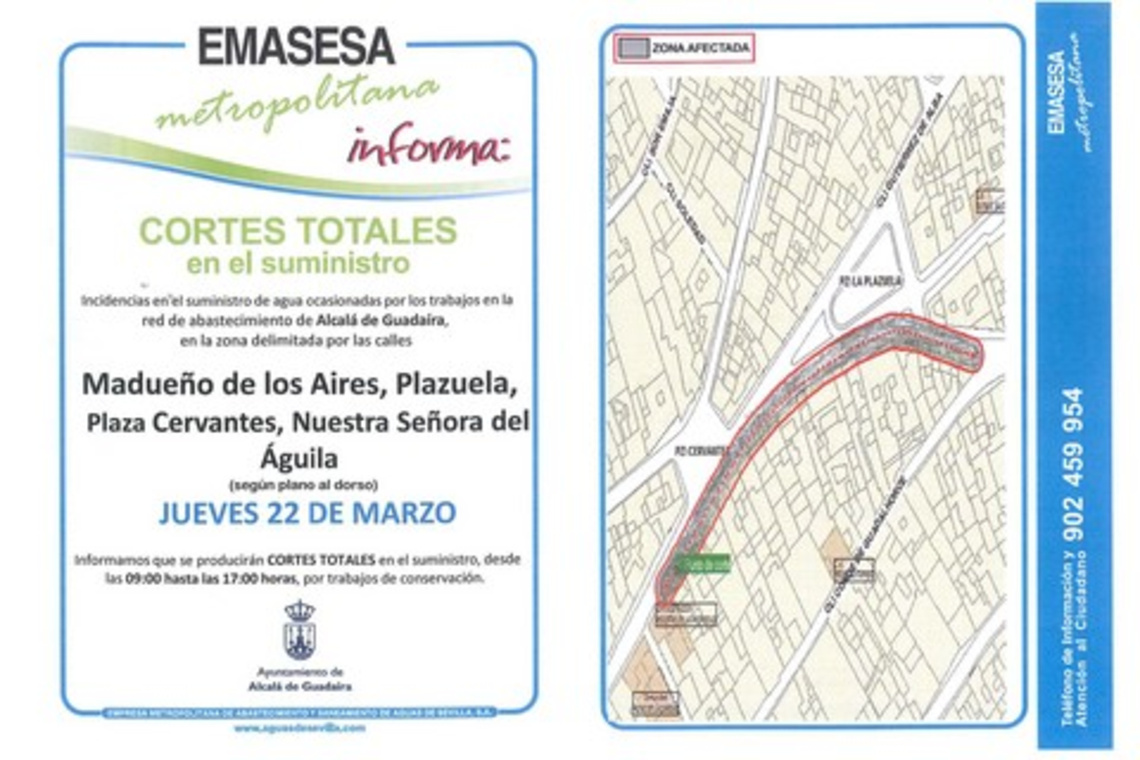 CORTE DE SUMINISTRO DE EMASESA EN LA ZONA CENTRO EL DÍA 22