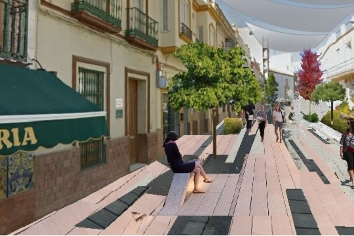Plataforma única, más espacios peatonales, zonas ajardinadas, láminas de agua, toldos y zonas de descanso configuran el diseño de la nueva calle La Mina